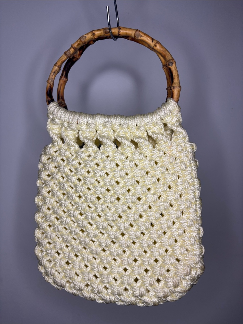 Y2K Crochet Mini Bag Off-White with Bamboo Handles